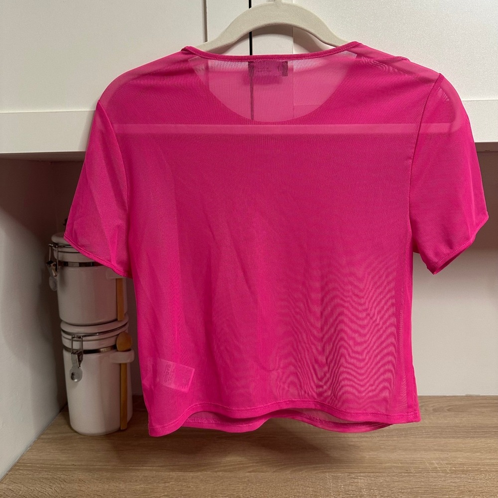 GAP Mesh Crew T Shirt Womens M Phoebe Pink Sheer Cropped Top Neon Rave Club Y2K - Picture 2 of 8